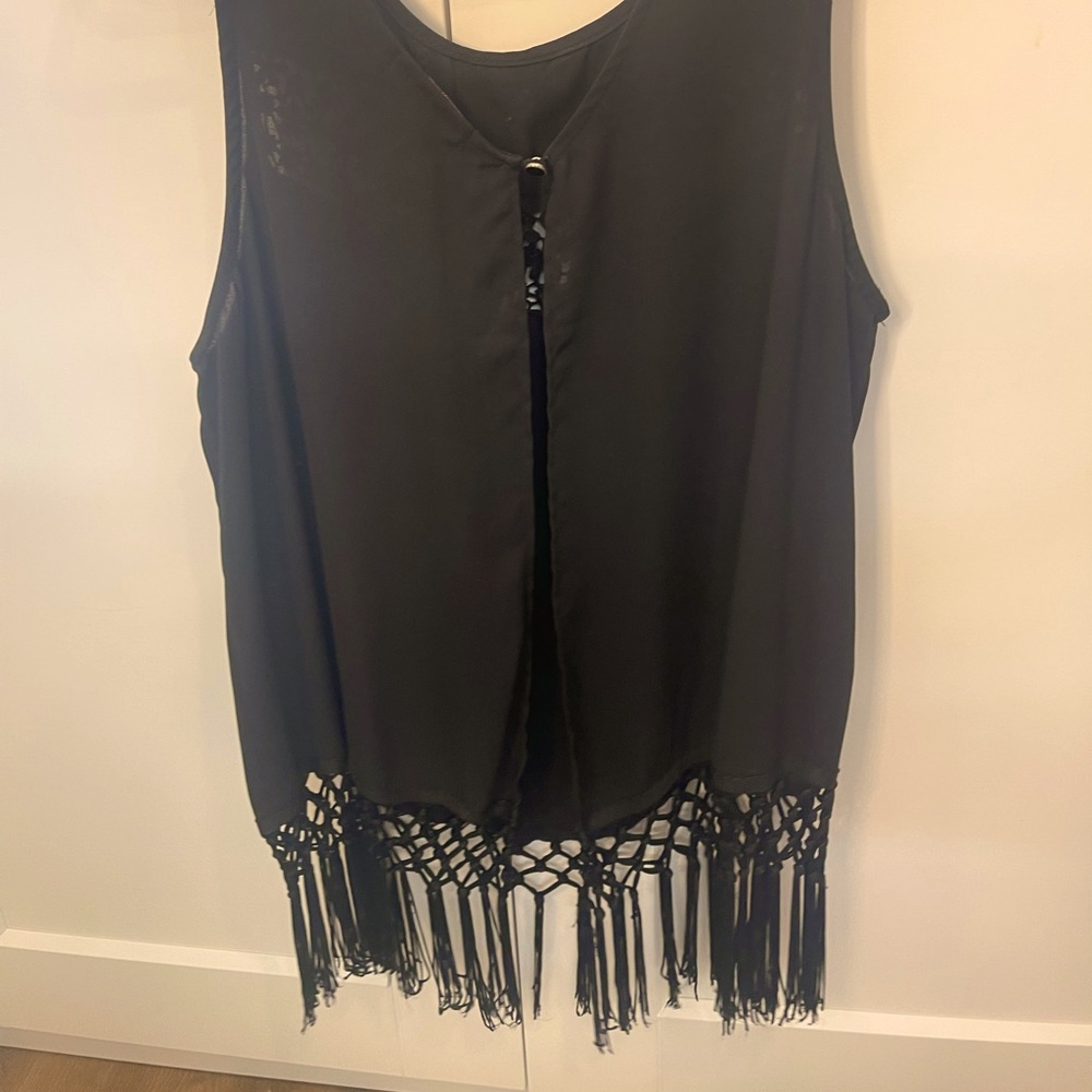 Open Back Fringe Top - Black